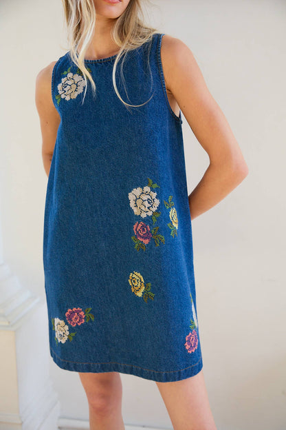 Floral Embroidered Denim Mini Dress with Pockets