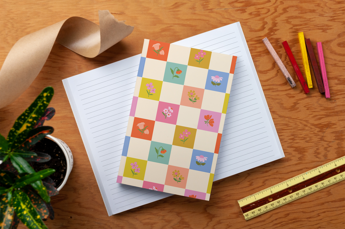 Petals and Checkers Classic Layflat Journal Notebook