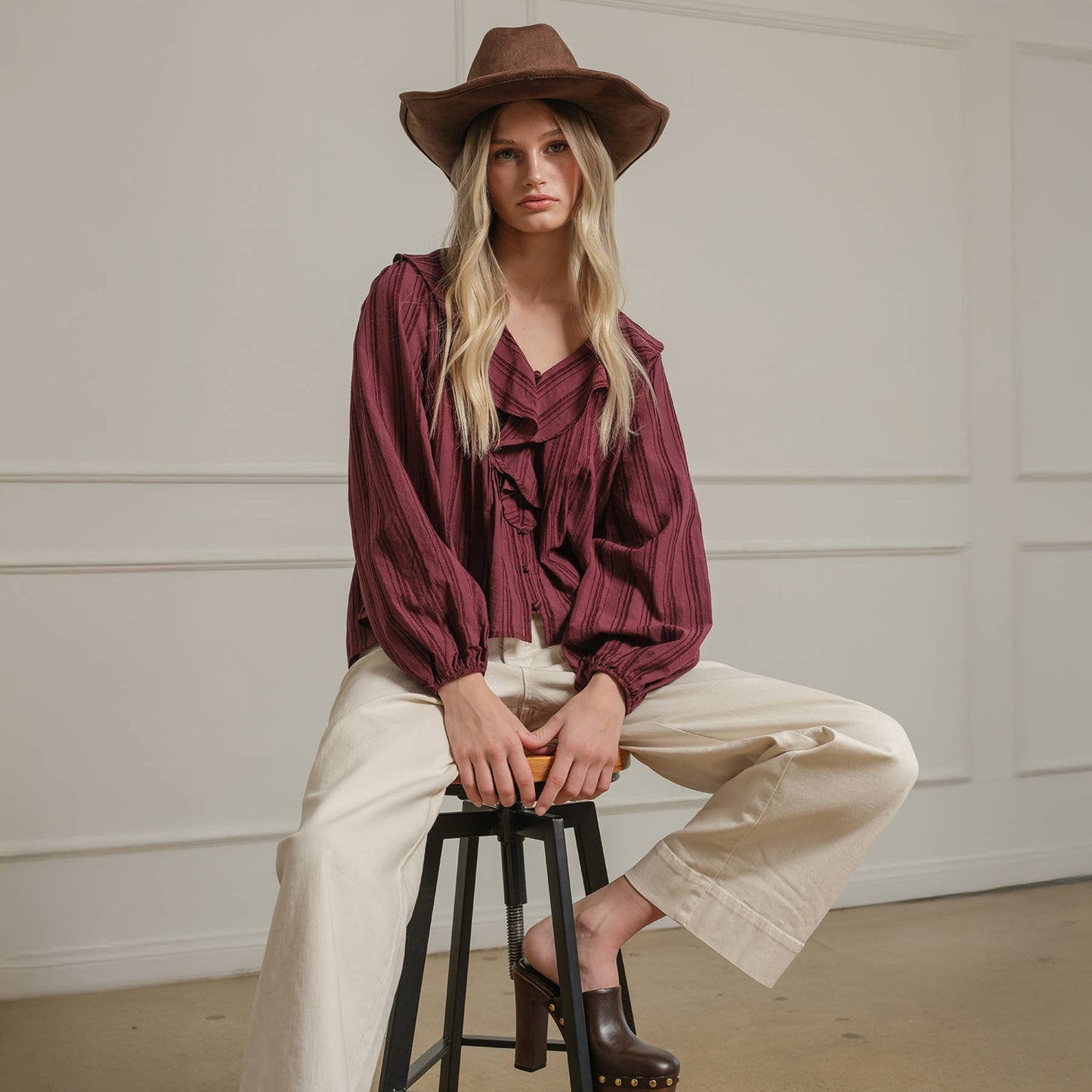 Ruffle Trim Striped Blouse