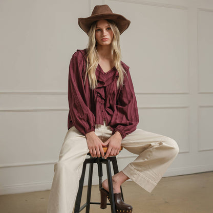 Ruffle Trim Striped Blouse