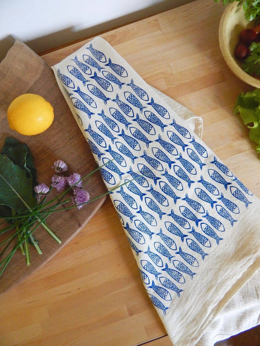 Fish, Handprinted Cotton Kitchen Towel