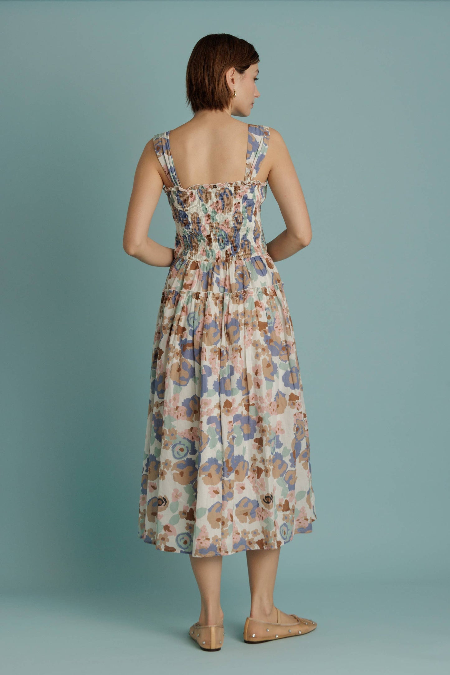 Floral Smocked Bodice Midi Dress with Pockets