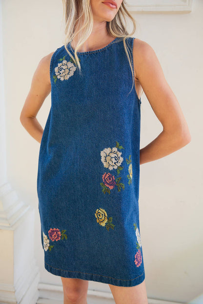 Floral Embroidered Denim Mini Dress with Pockets