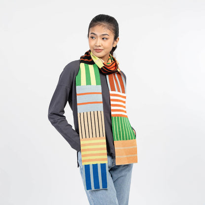 Patchwork Stripe Skinny Knit Scarf 84 Inch
