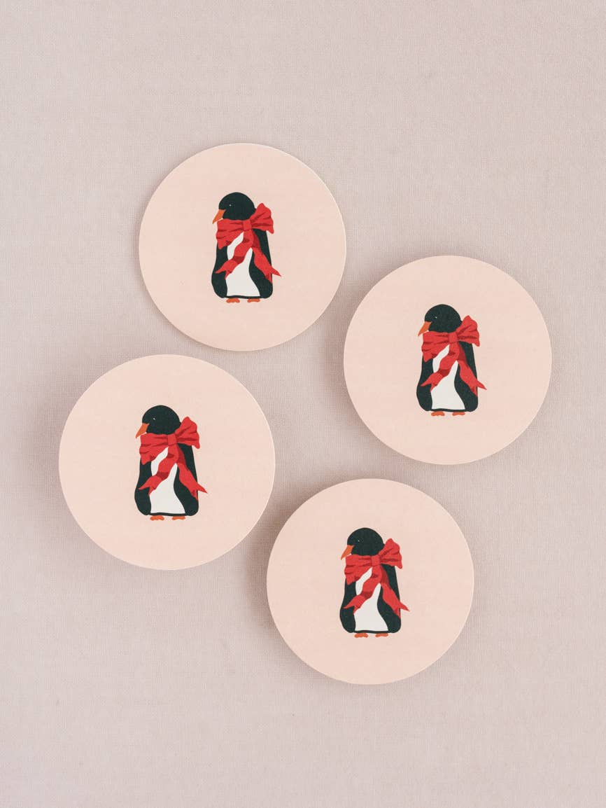 Set of Four Coasters : Fancy Penguin Bow Coasters