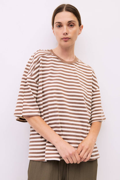 Striped Boxy Knit Elbow-Sleeve Tee