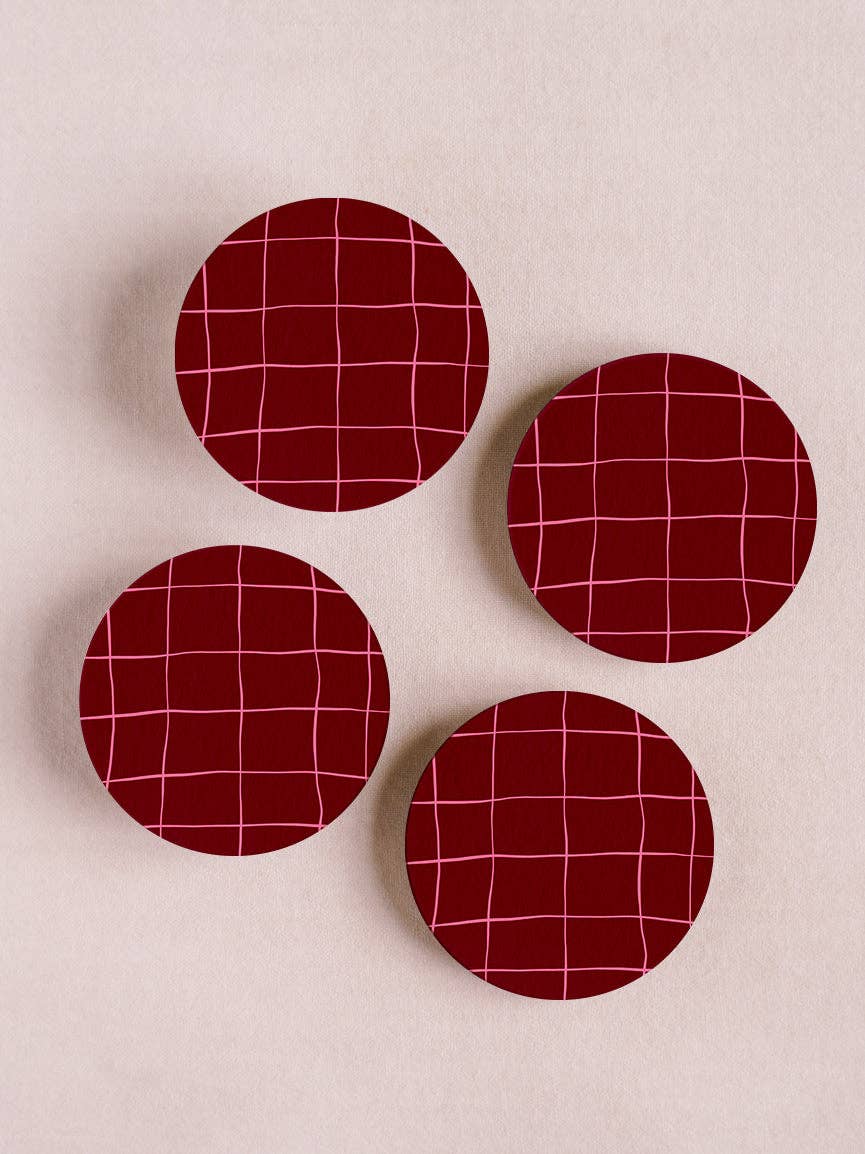 Burgundy Windowpane Plaid Coasters