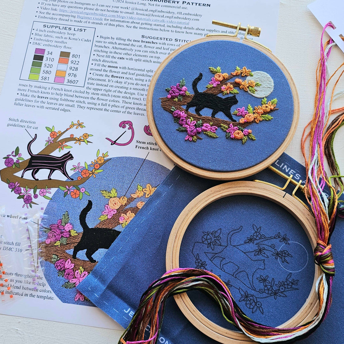 Mini Black Cat and Full Moon Embroidery Kit