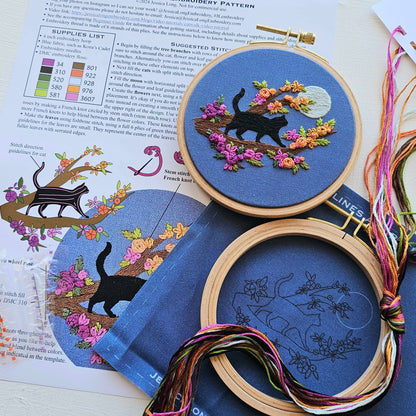 Mini Black Cat and Full Moon Embroidery Kit