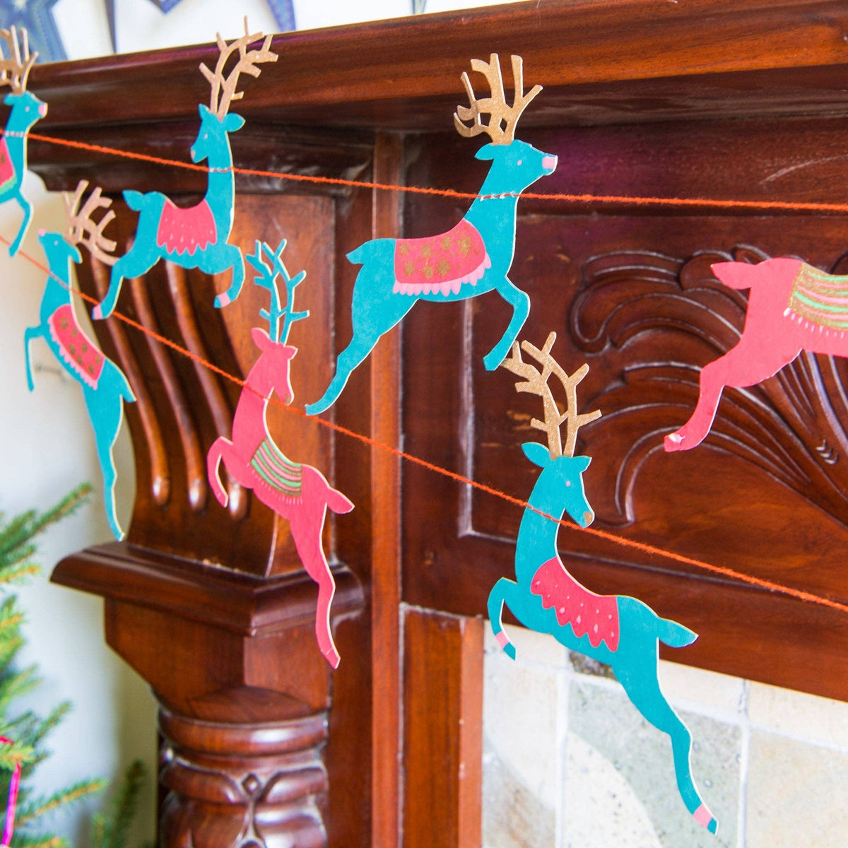 Bright Reindeer Sewn Paper Garland 3 Meters