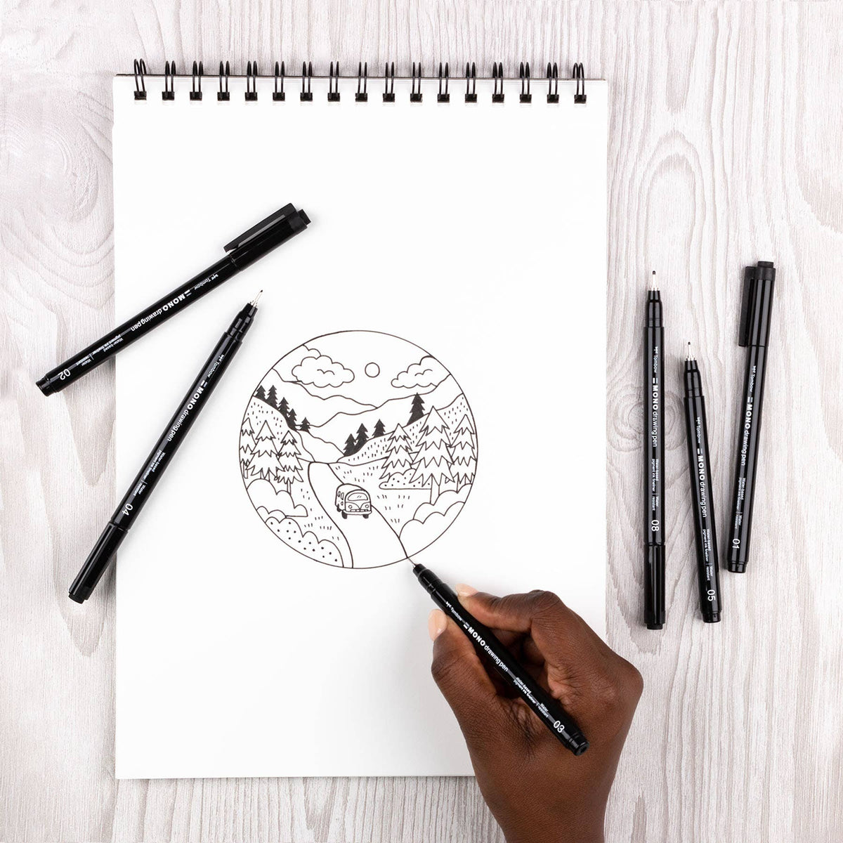 Tombow MONO Black Drawing Pen Six Tip Sizes