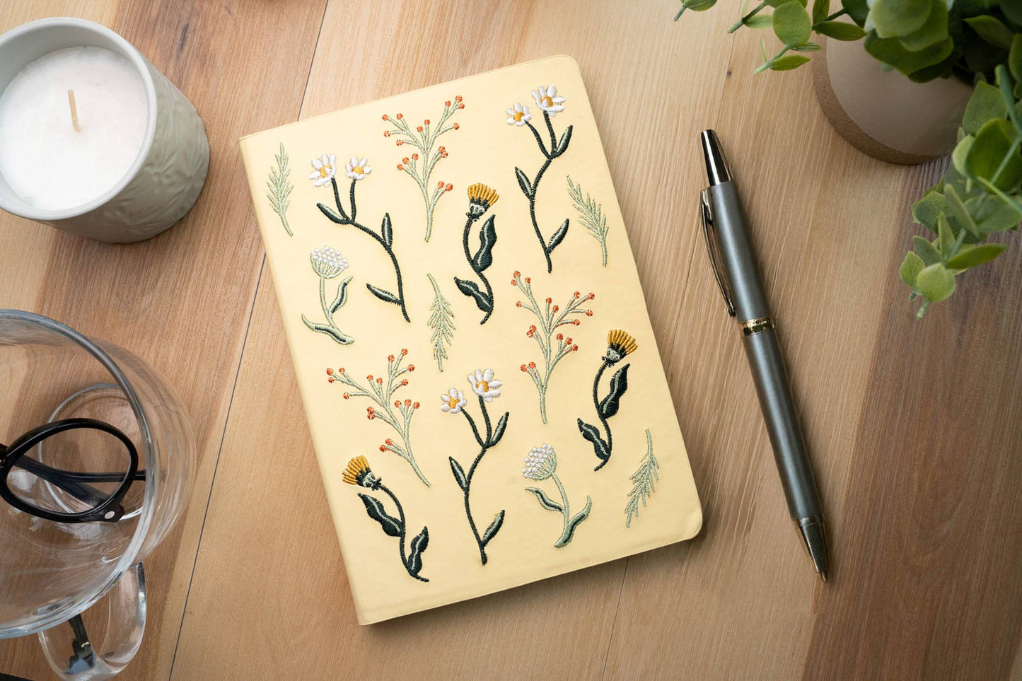 Butter Yellow Blooms Embroidered Journal Notebook