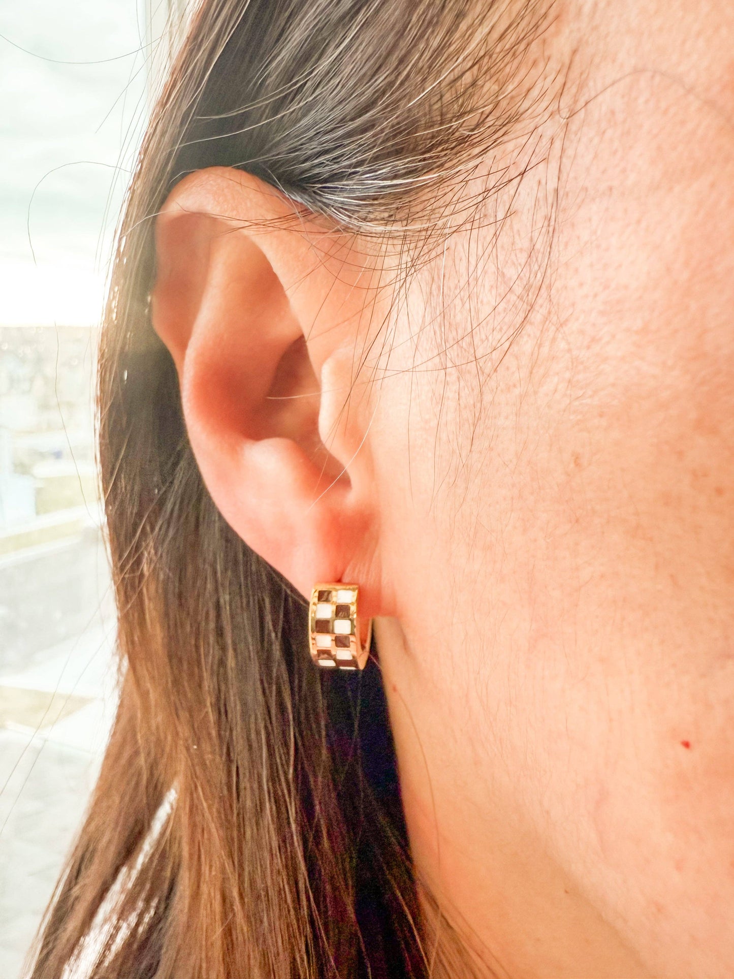Brown Checkered Hoop Earrings