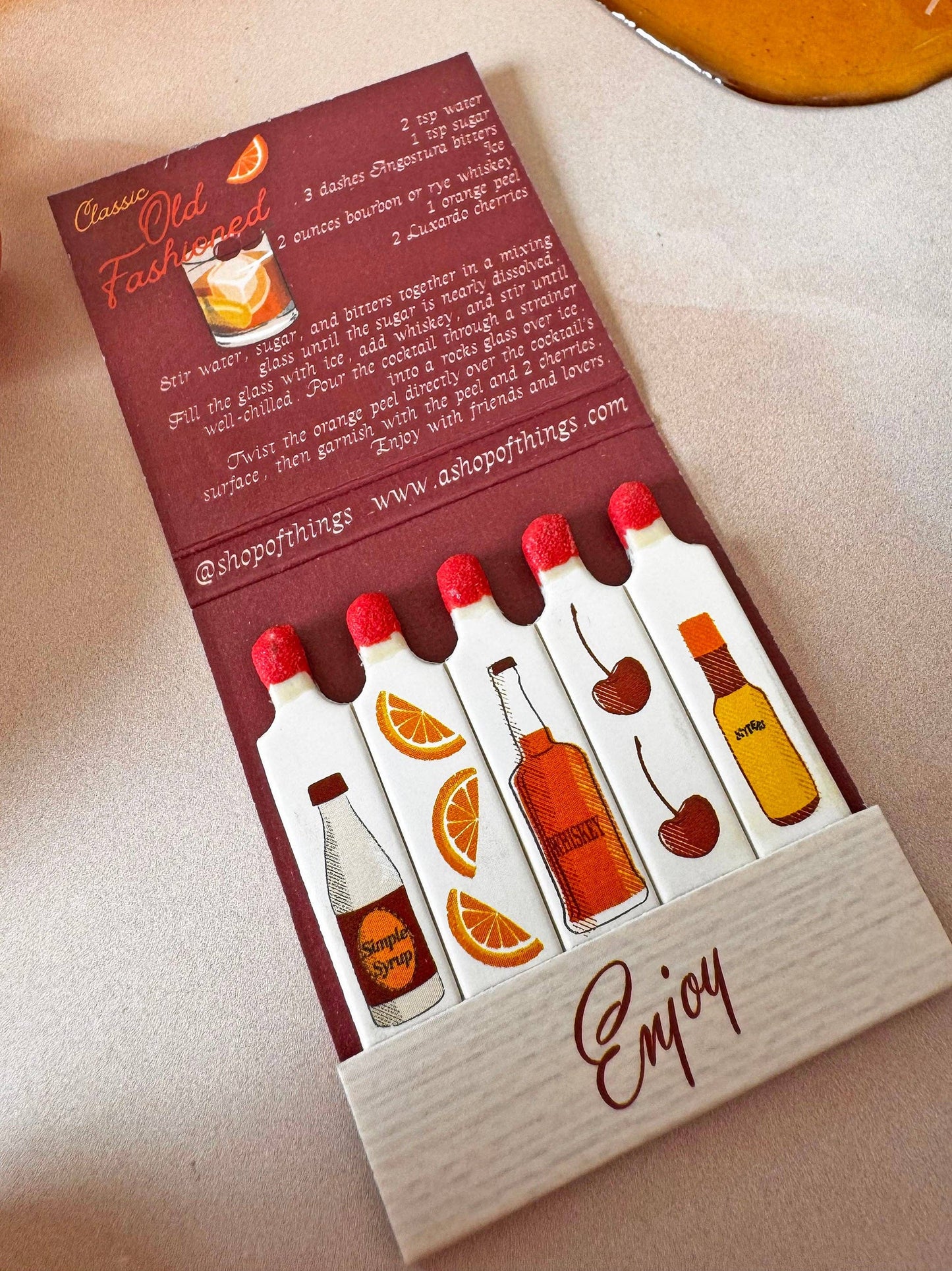 Old Fashioned Recipe Matchbook with Custom Colored Tips