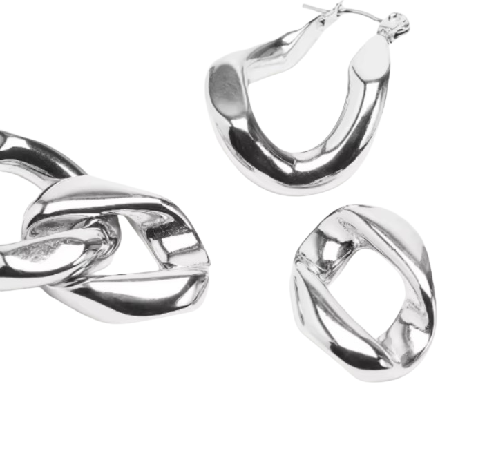 Cuban Link Chain Hoop Earrings, Silver