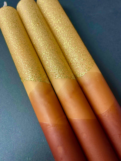 Caramel Dip Dye Taper Candle Trio Eco Glitter