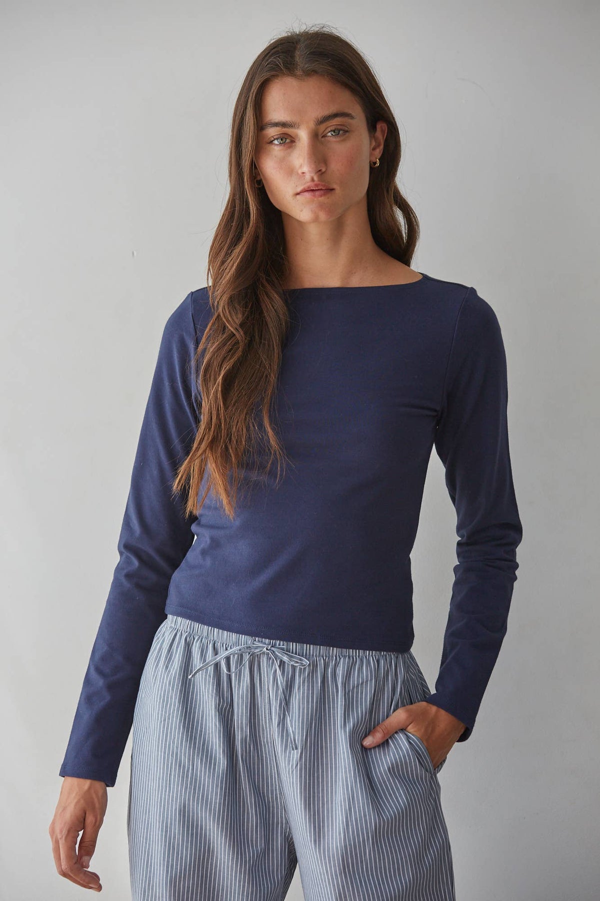 Cotton Spandex Boat Neck Long Sleeve Top
