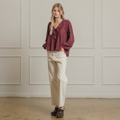 Ruffle Trim Striped Blouse