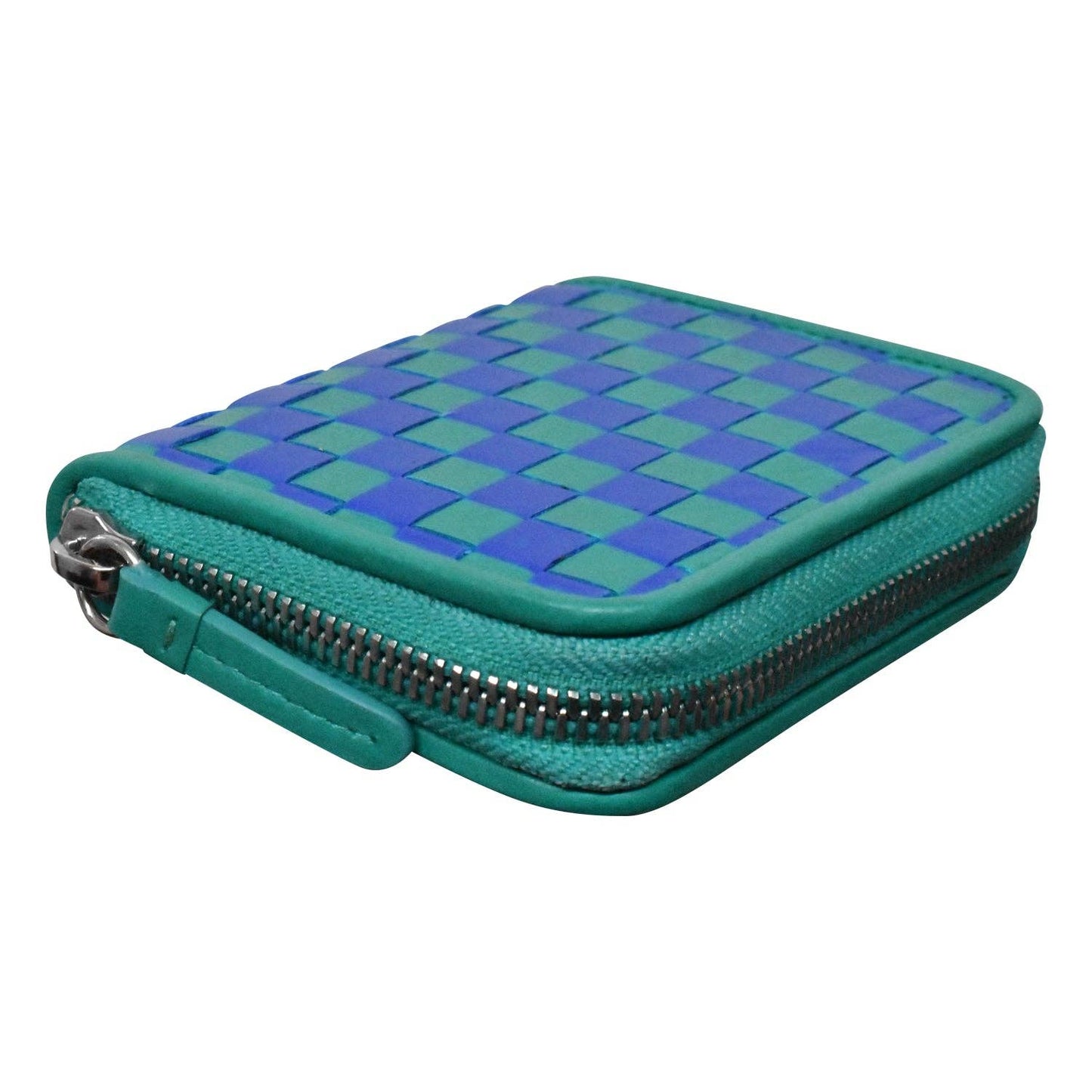 Checkerboard Woven Leather Zip Around Wallet