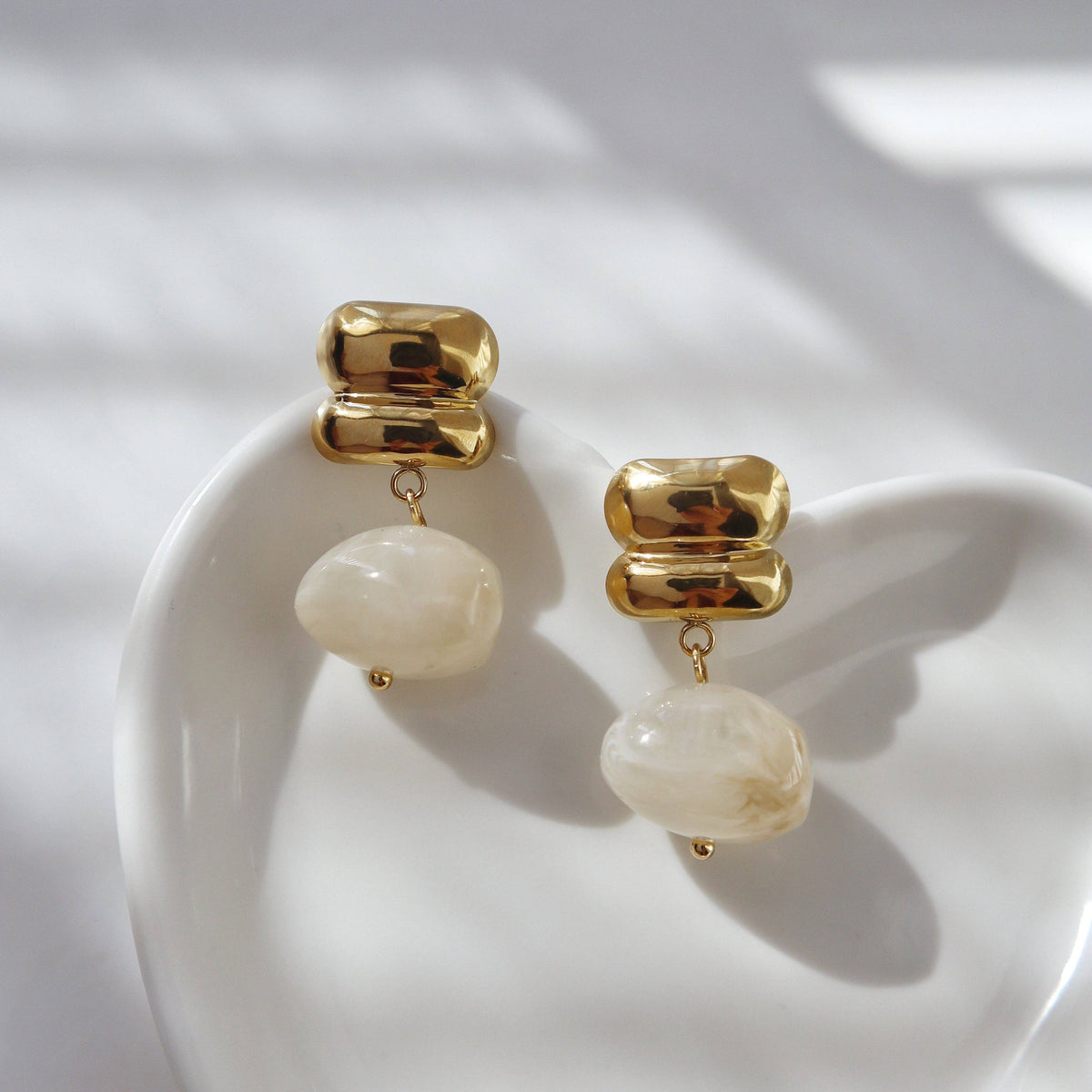 Elle White Stone Bead Drop Earrings Gold Plated