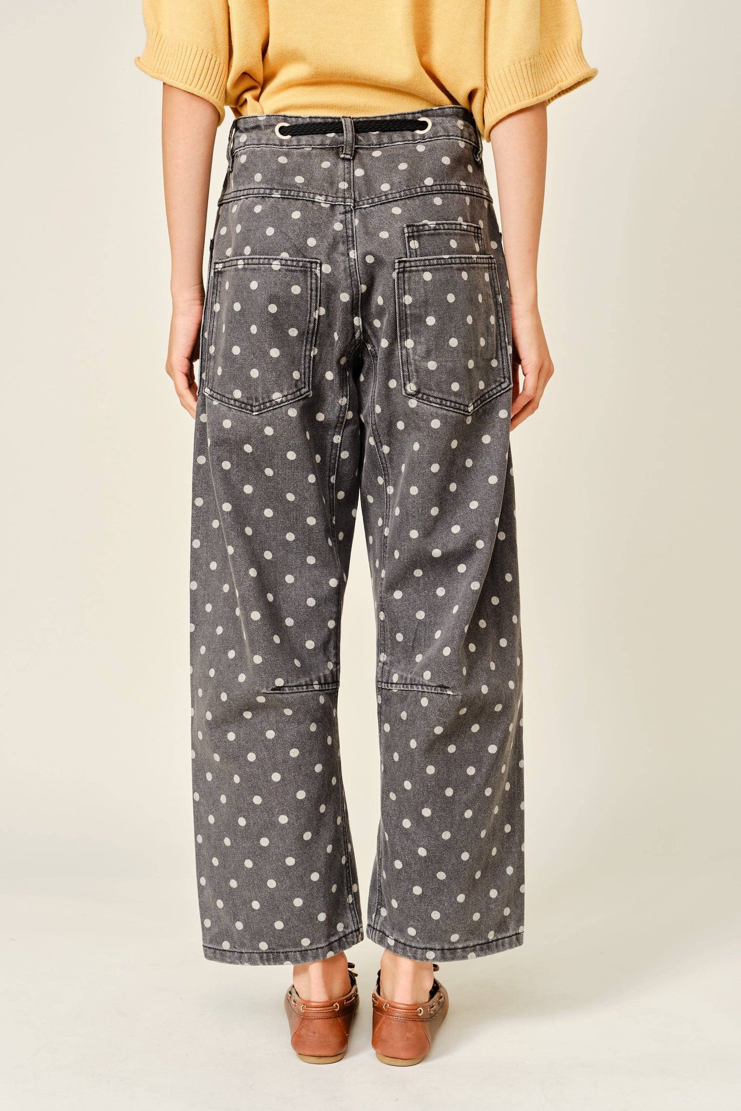 Polka Dot Barrel Leg Cotton Denim Pants