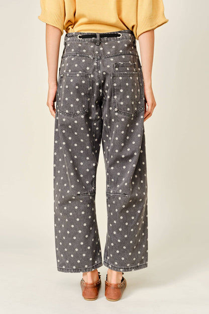 Polka Dot Barrel Leg Cotton Denim Pants