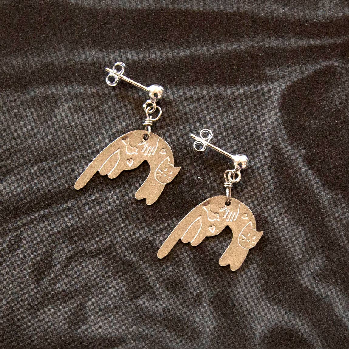 Silver Vintage Folk Cat Charm Earrings