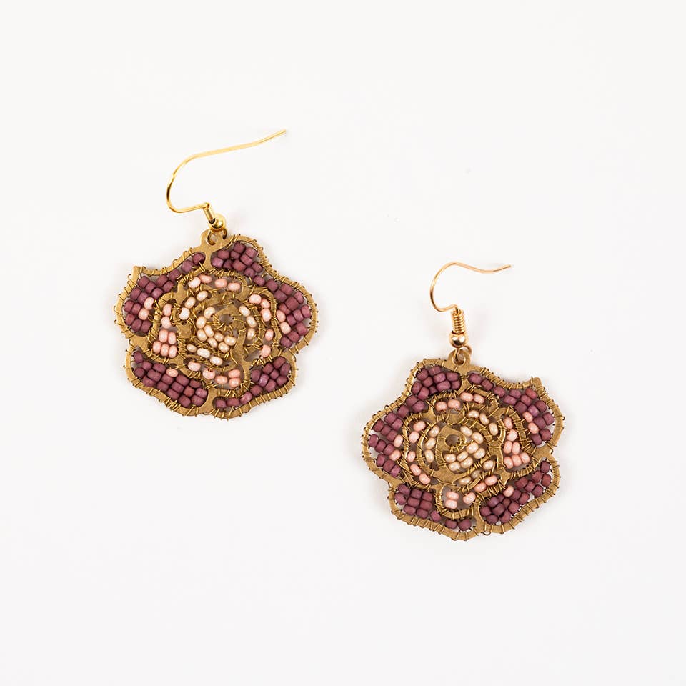 Beaded Rose Drop Earrings