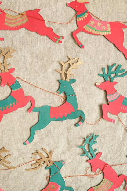 Bright Reindeer Sewn Paper Garland 3 Meters