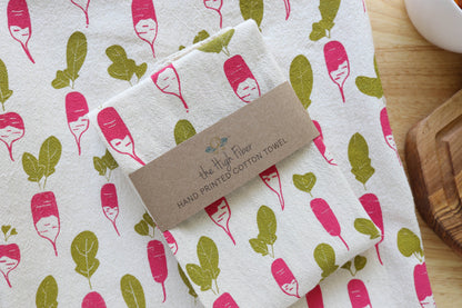 Radish, Handprinted Cotton Kitchen Towel