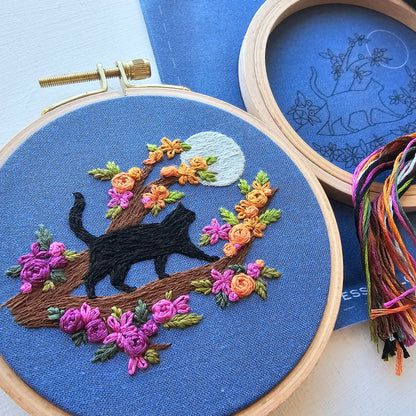 Mini Black Cat and Full Moon Embroidery Kit