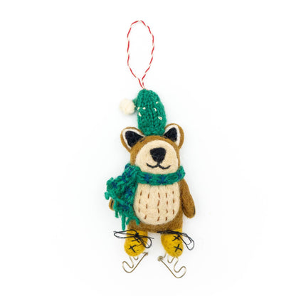Brown Bear on Skates Holiday Eco Wool Ornament