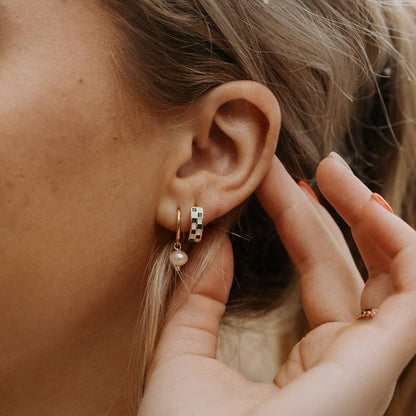 Green & White Checkered Hoop Earrings