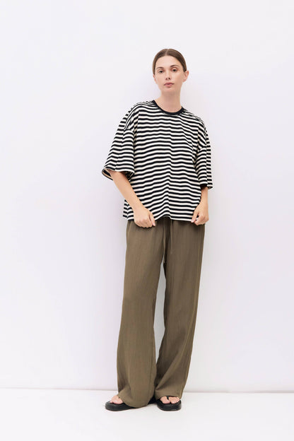 Striped Boxy Knit Elbow-Sleeve Tee