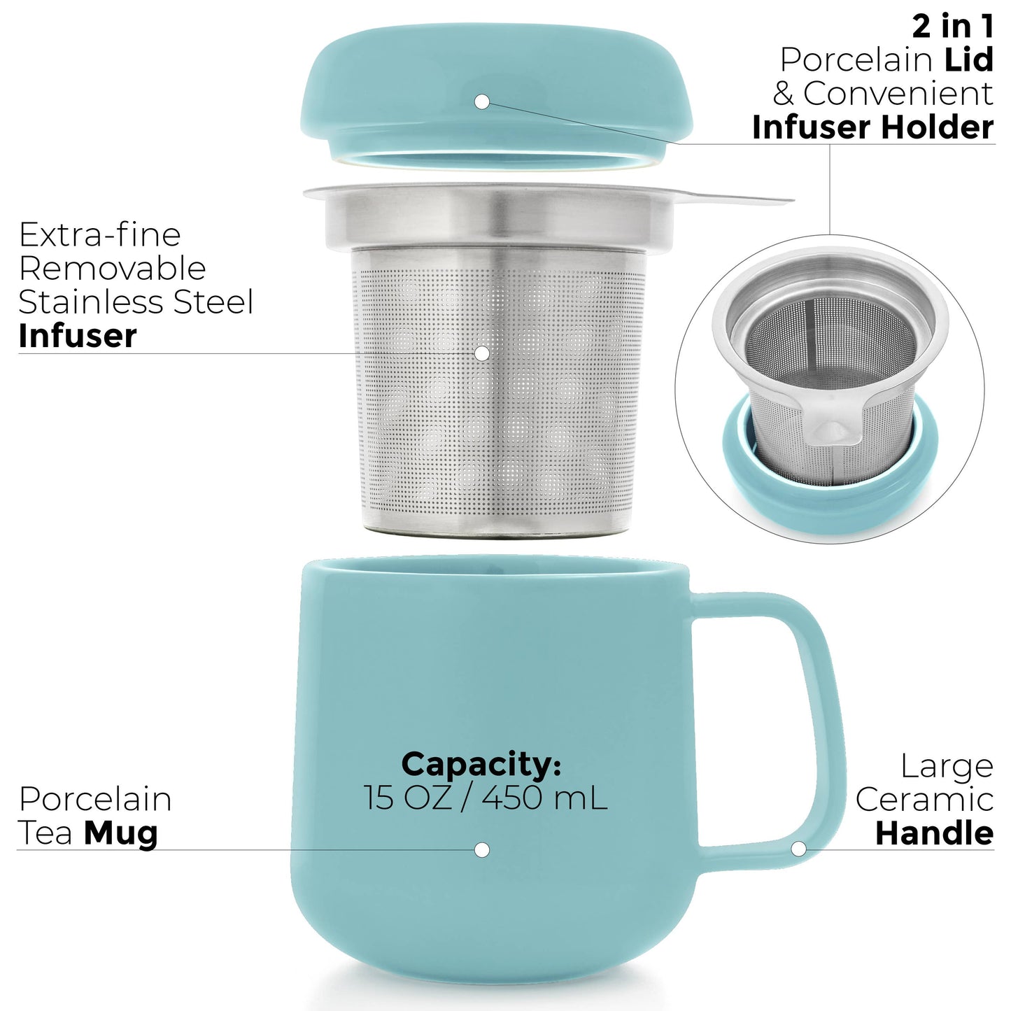 Porcelain Tea Mug with Infuser and Lid 15oz