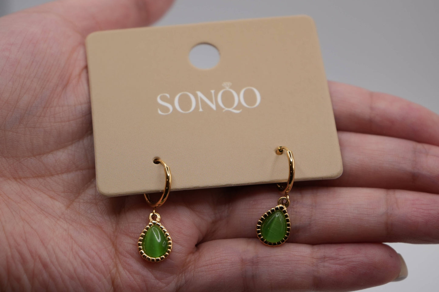 Green Cat Eye Hoop Earrings