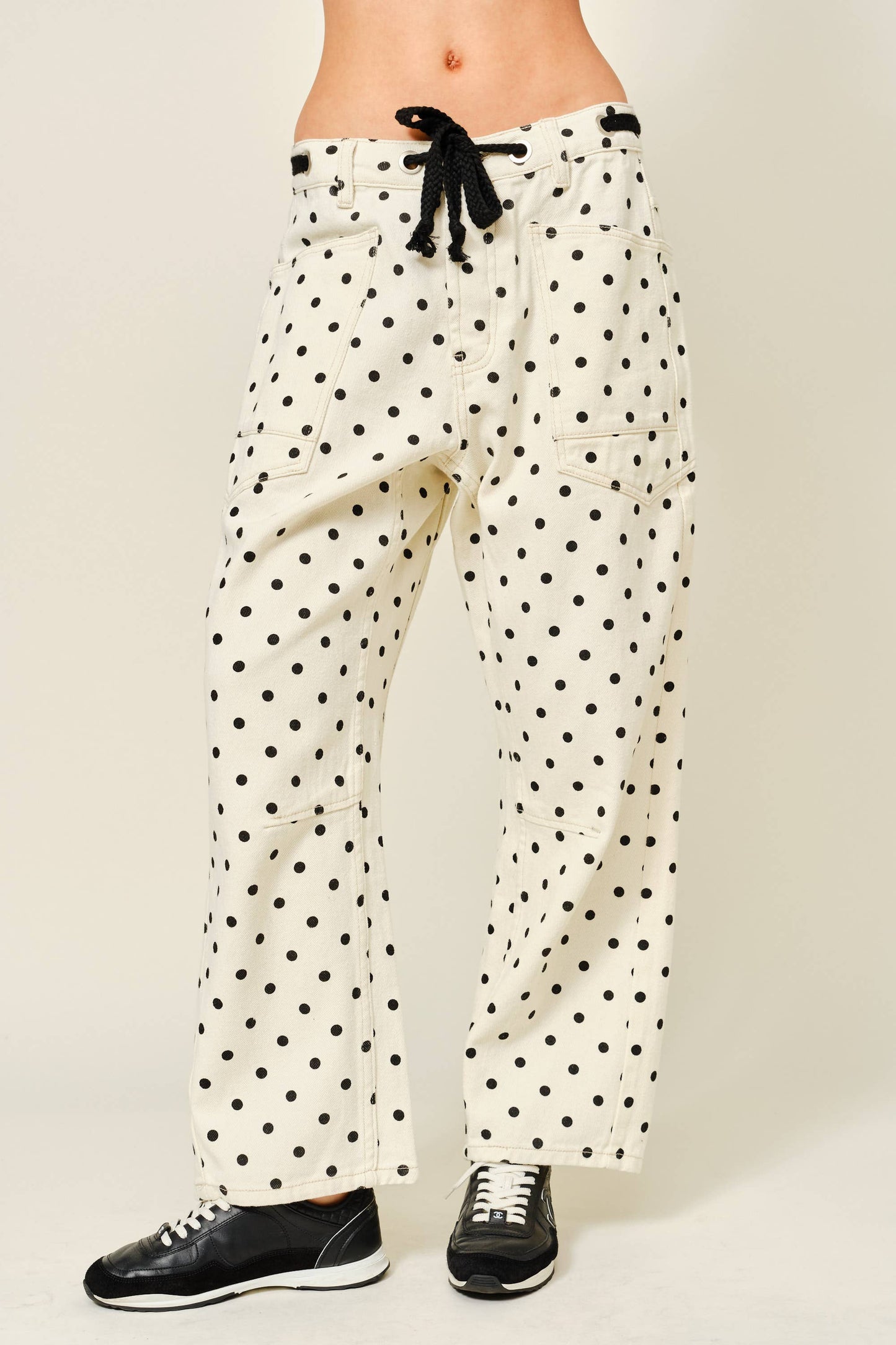 Polka Dot Barrel Leg Cotton Denim Pants