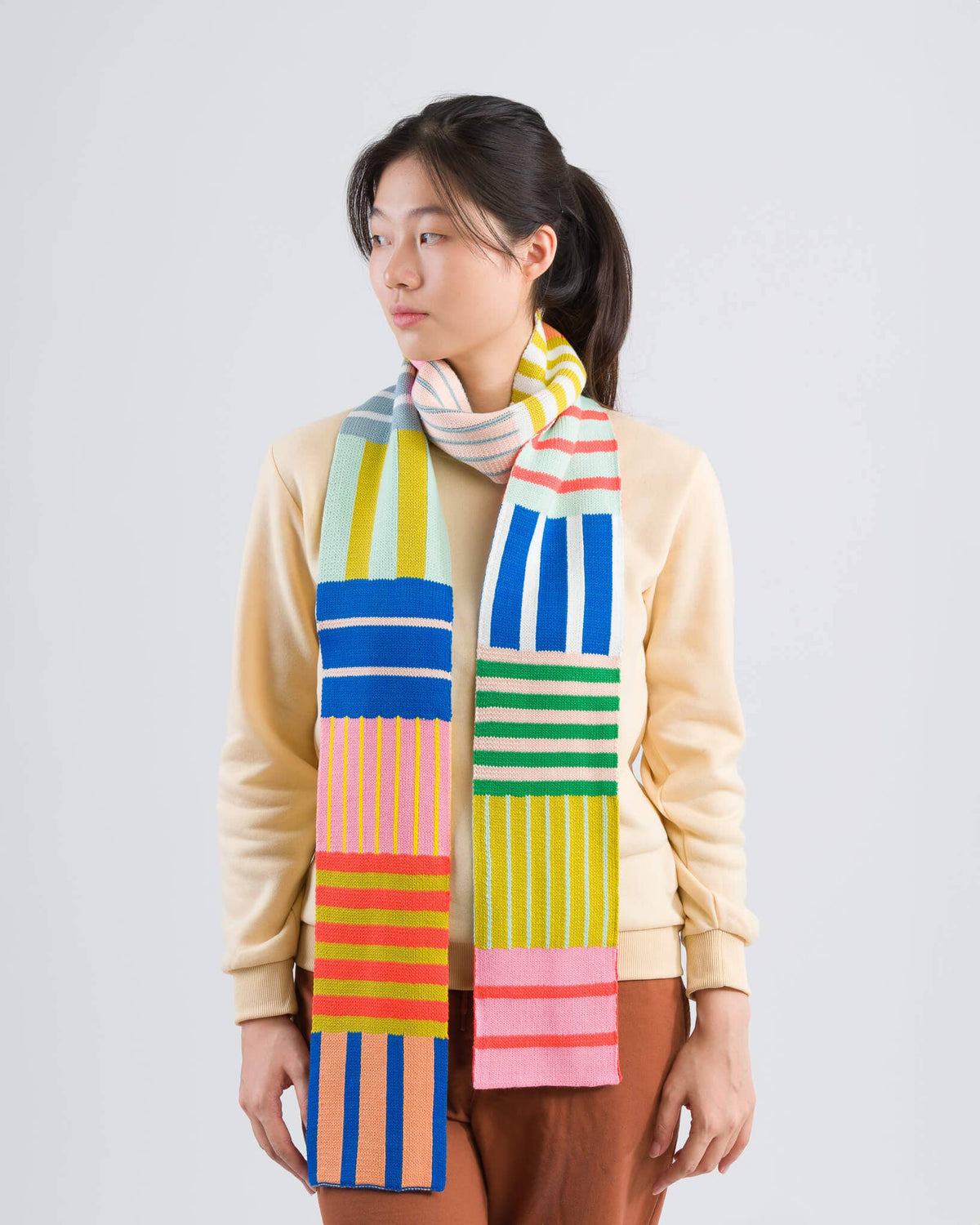 Patchwork Stripe Skinny Knit Scarf 84 Inch