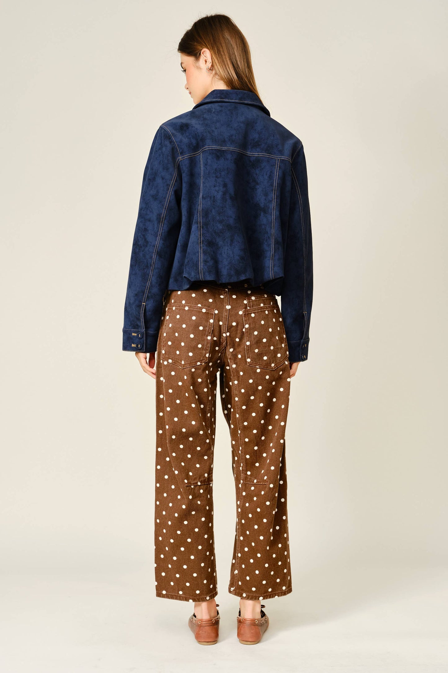 Polka Dot Barrel Leg Cotton Denim Pants