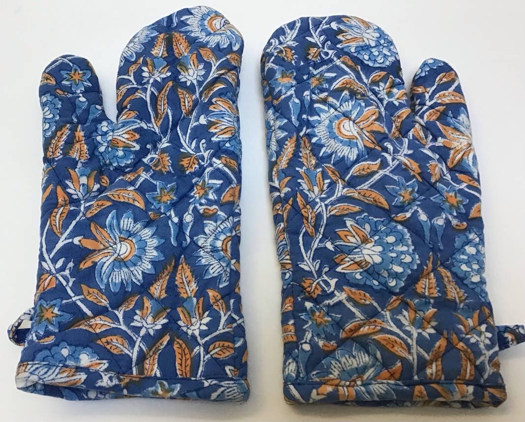 Hand Block Printed Floral Oven Mitts, Set of 2, Blue Floral Oven