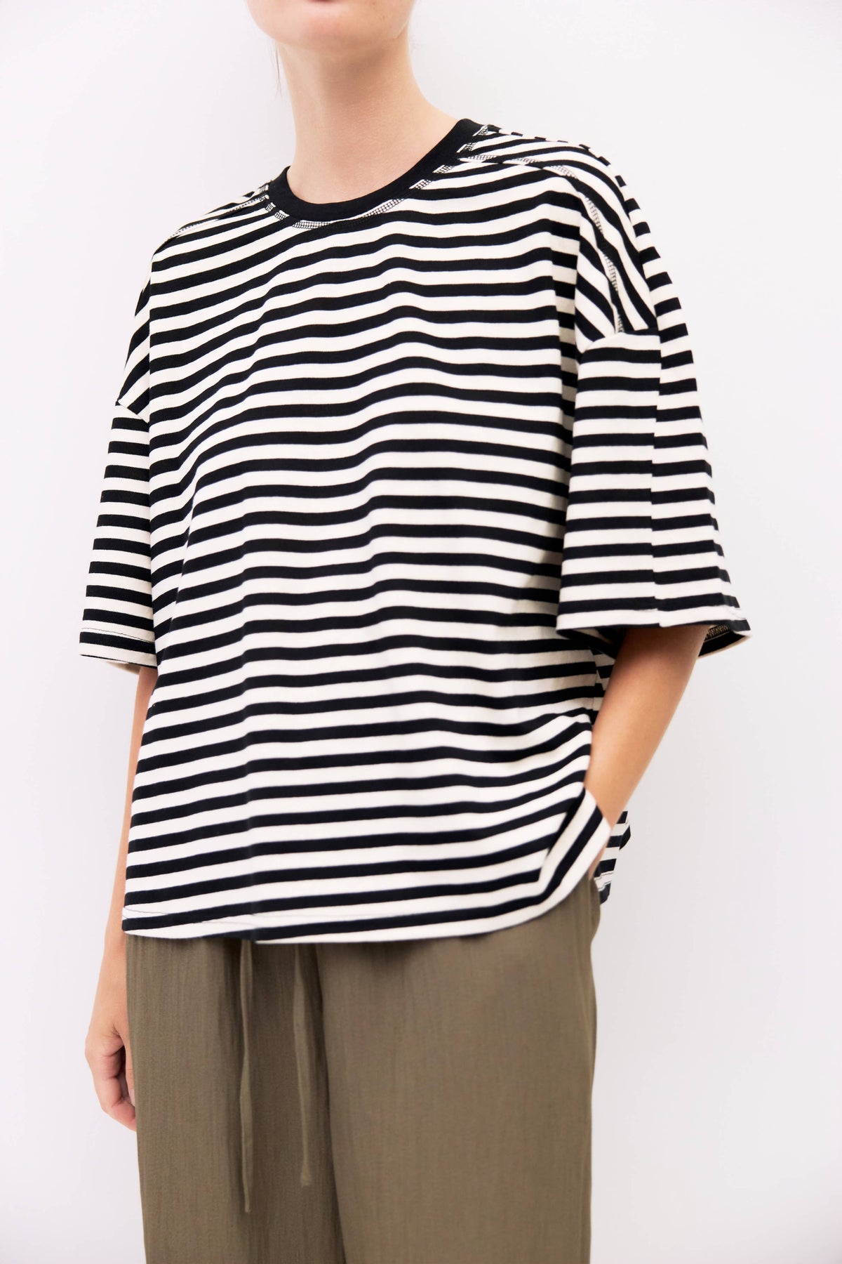 Striped Boxy Knit Elbow-Sleeve Tee