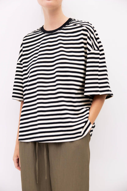 Striped Boxy Knit Elbow-Sleeve Tee