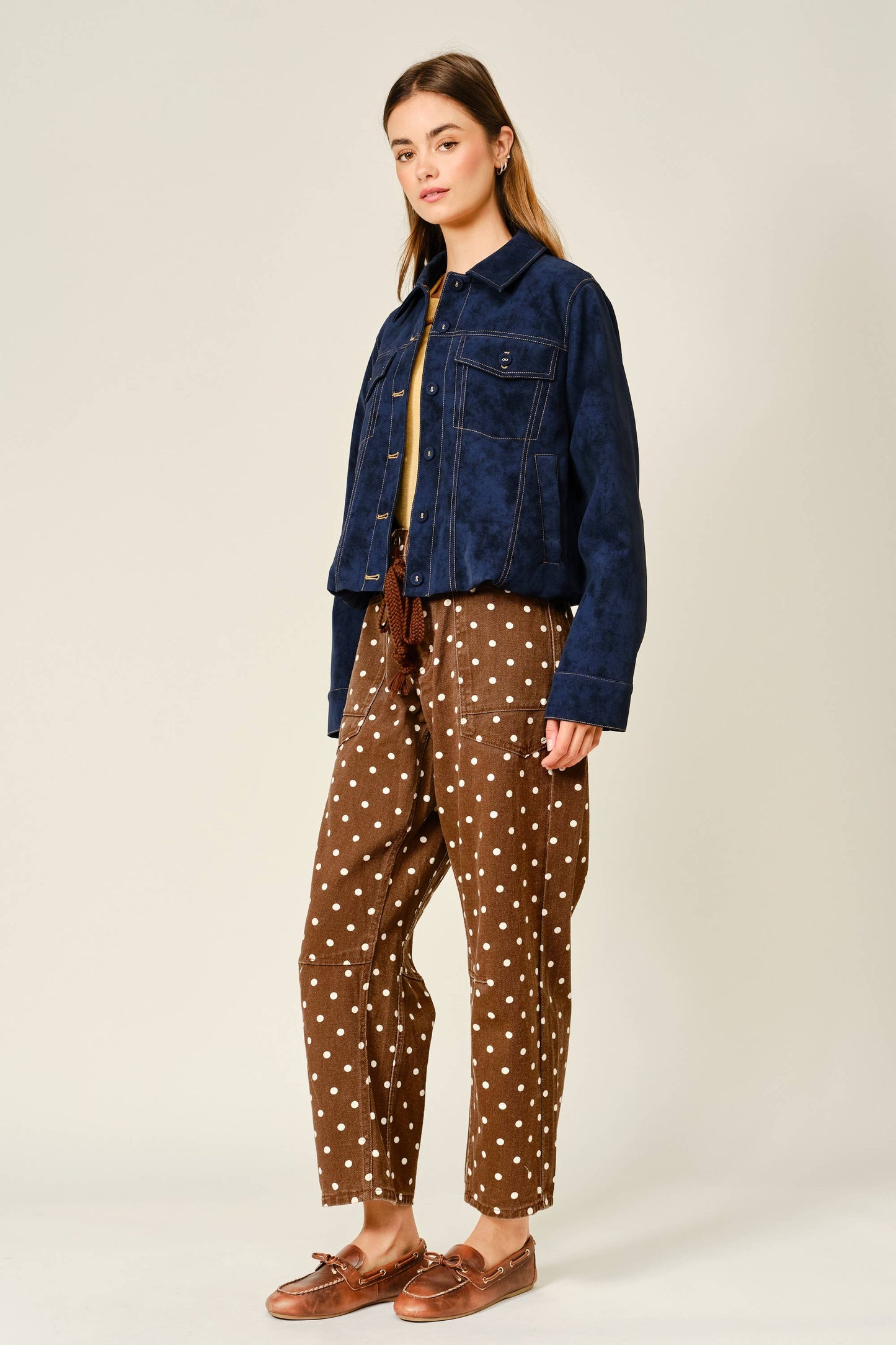 Polka Dot Barrel Leg Cotton Denim Pants