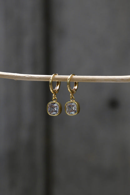 Gold Square Drop Earrings, Cubic Zirconia