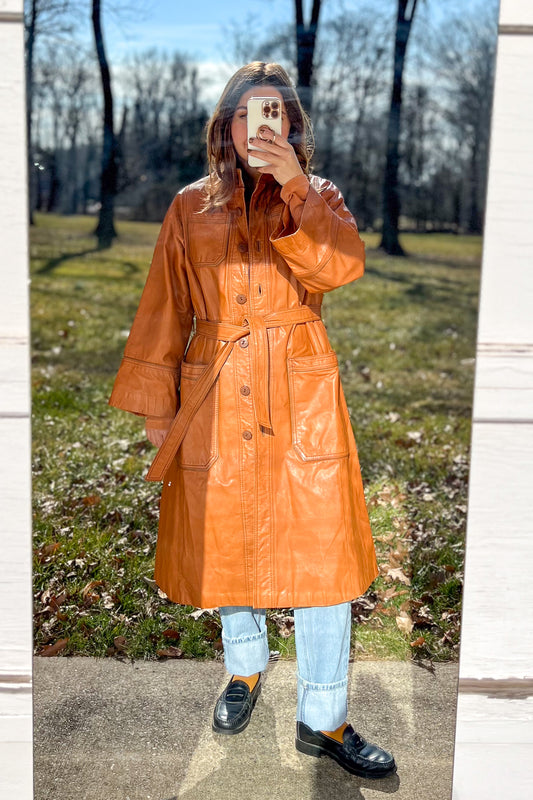 1970s Cognac Leather Trench Coat / M