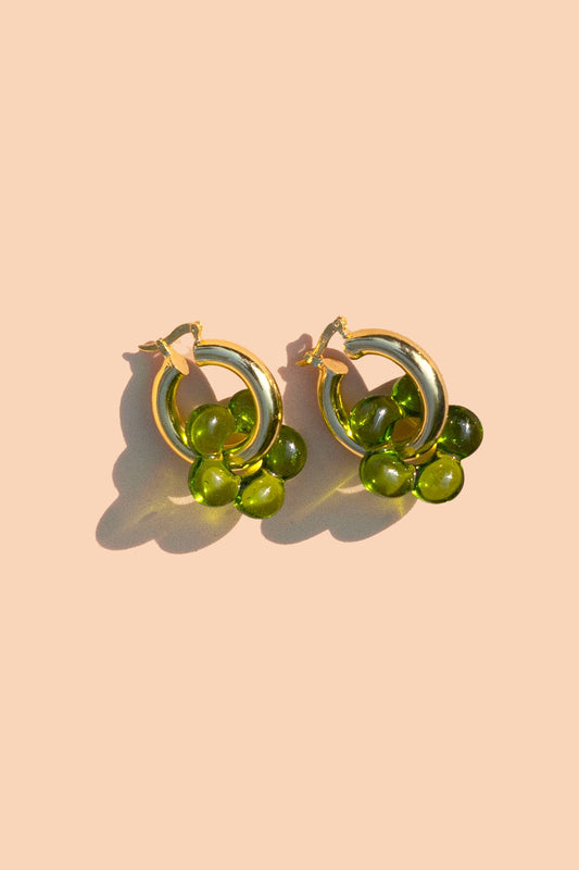 Green Glass Flower Hoop Earrings