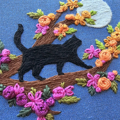 Mini Black Cat and Full Moon Embroidery Kit