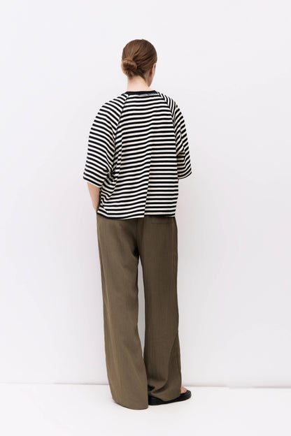 Striped Boxy Knit Elbow-Sleeve Tee