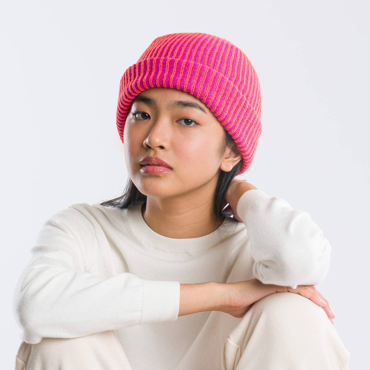 Two-Tone Rib Knit Beanie Unisex One Size