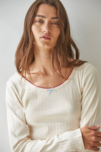 Pointelle Cotton Long Sleeve Top